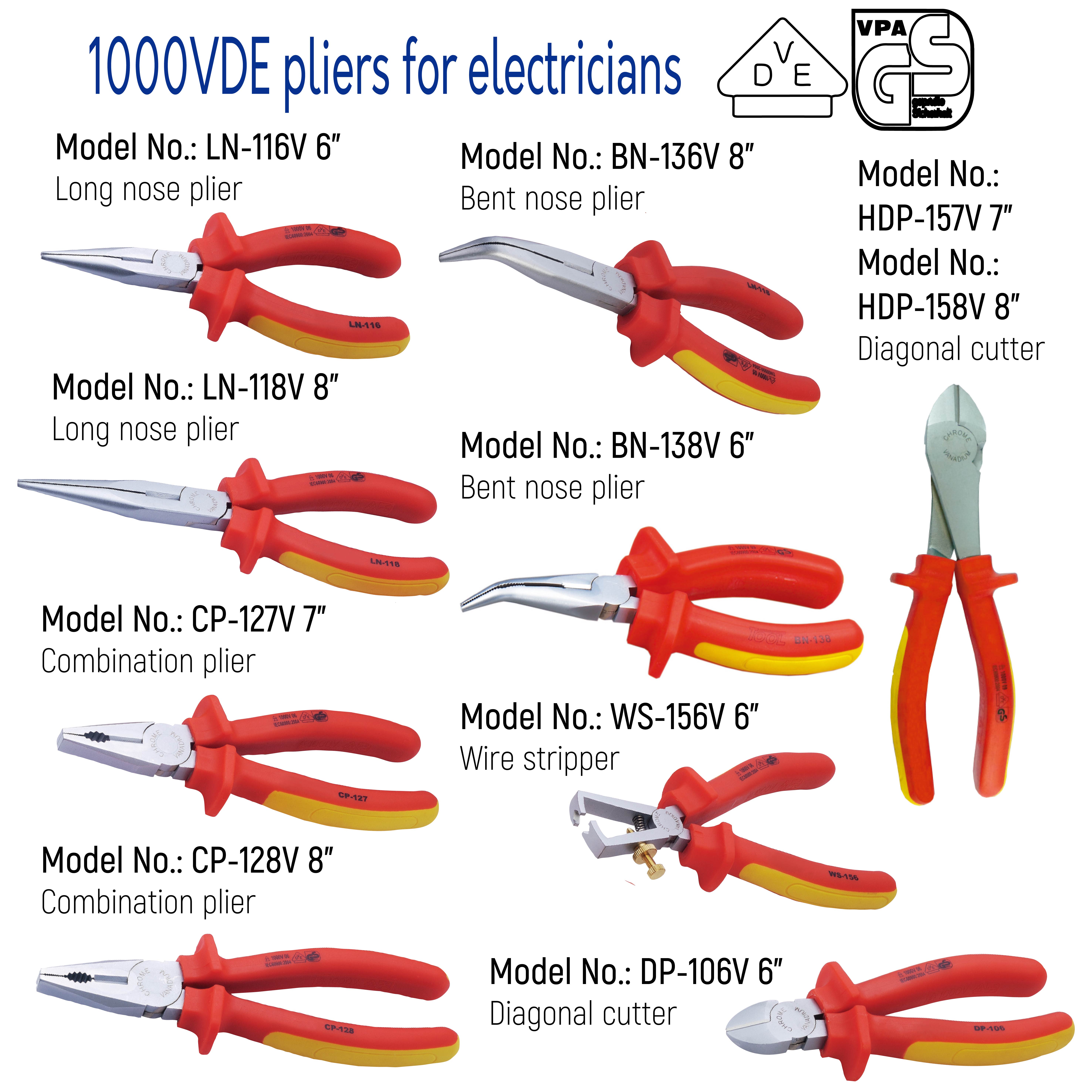 LN-116V, LN-118V, DHP-157V, HDP-158V, WS-156V, DP-106V, BN-138V, CP-127V,  CP-128V, BN-136V VDE ELECTRICIANS PLIERS - Hydraulic Tool  Manufacturer｜LUN-YUAN